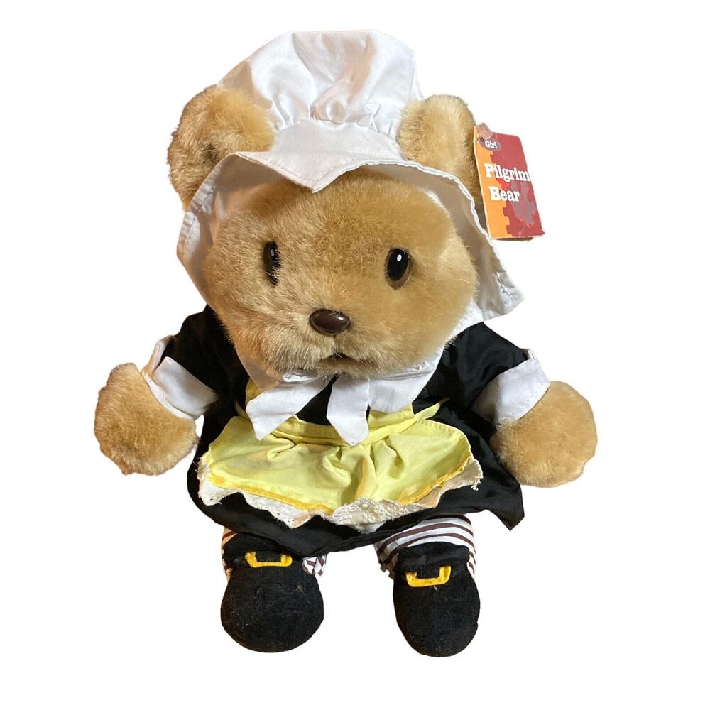 VINTAGE Thanksgiving Plush TEDDY BEAR 14" Gibson Greetings PILGRIM Girl 1997